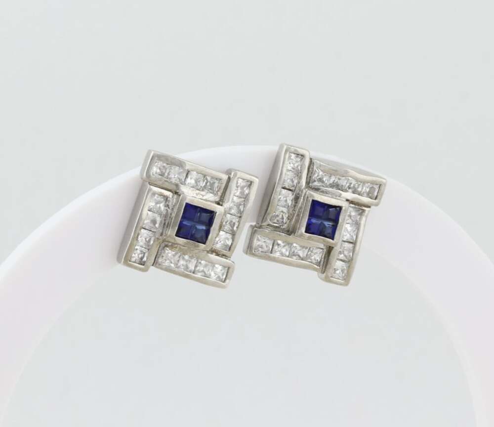 Sterling Silver Blue & White Cubic Zirconia Stud Earrings 3/4"inch